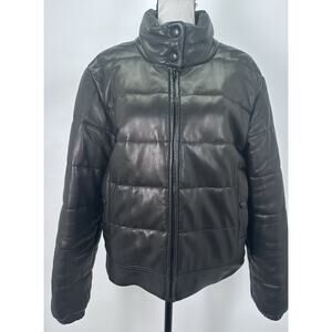 ⭐️ Agnes B Womens High Neck Zip Up Puffer Leather Jacket Black Size 42 RARE